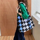 Lkblock Women Canvas Shoulder Bag Lattice Print Ladies Casual Handbag Tote Bag Large Capacity Cotton Reusable Shopping Beach Bag  2022