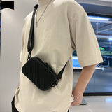Lkblock Simple Lightweight Box Bag Unisex Trendy Diagonal Striped Shoulder Bag Soft PU Leather pressed shell Men's Messenger Bag