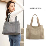 Lkblock New student CanvasTote Bag fashion multilayer pocket big capacity women casual Handbag Simple Lady shoulder bag