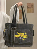 Lkblock Washed Canvas Embroidered Letters Portable Retro Vintage Tote High Capacity Shoulder Underarm Bag Shopping Bag Woman Bag