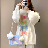 Lkblock Rainbow Plush Purses and Handbags for Women 2022 Shopper Acrylic Chain Cloud Pendant Cute Girls Pearl Wallet Shoulder Bag