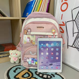 Lkblock New Multi-pocket Pink Kawaii Girls School Backpack For Teenager Female Book Schoolbag Women Transparent PVC  Nylon Mochila