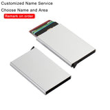 New Customized Name Anti-theft Credit Card Holder Mini Thin Aluminium Metal Box Card Case Wallet Pop-up Purse For Woman Men